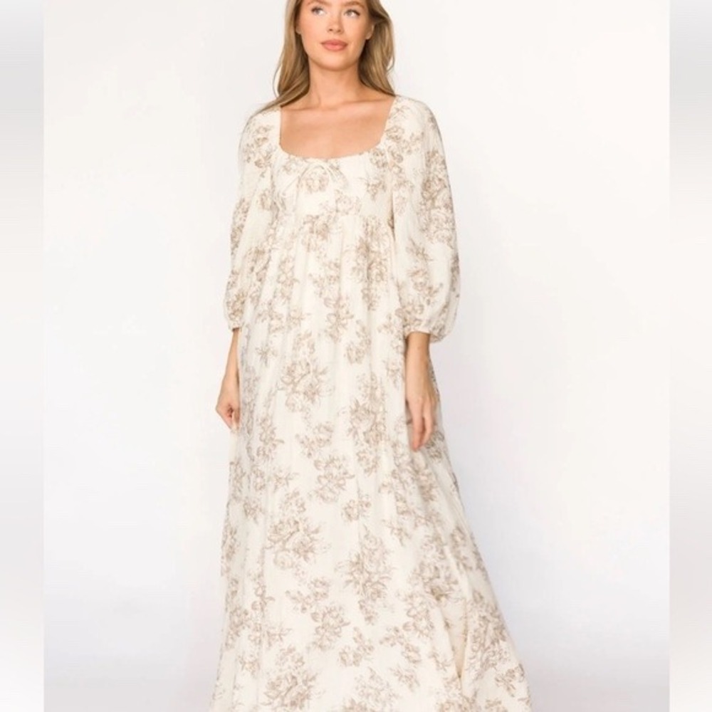 Worth Collective Floral Maxi Dress XL Cream Taupe Tiered Puff Sleeve Boho Gauze